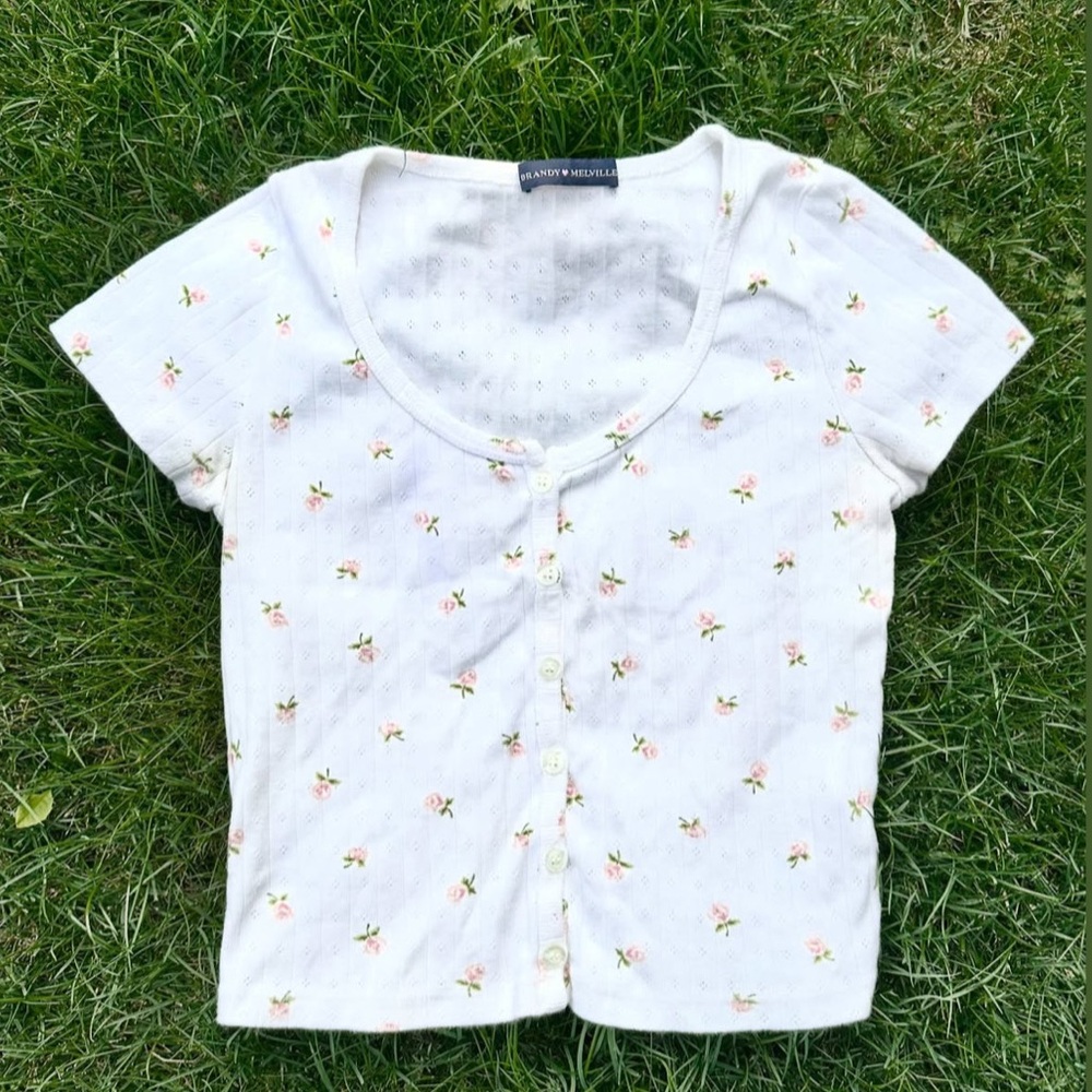Brandy Melville White Button Up Tee with Pink Floral Pattern & Scoop Neck